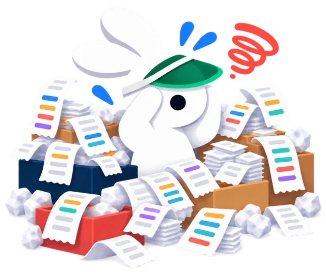 The Receipt Rabbit mascot looking stressed next to a shoebox of receipts